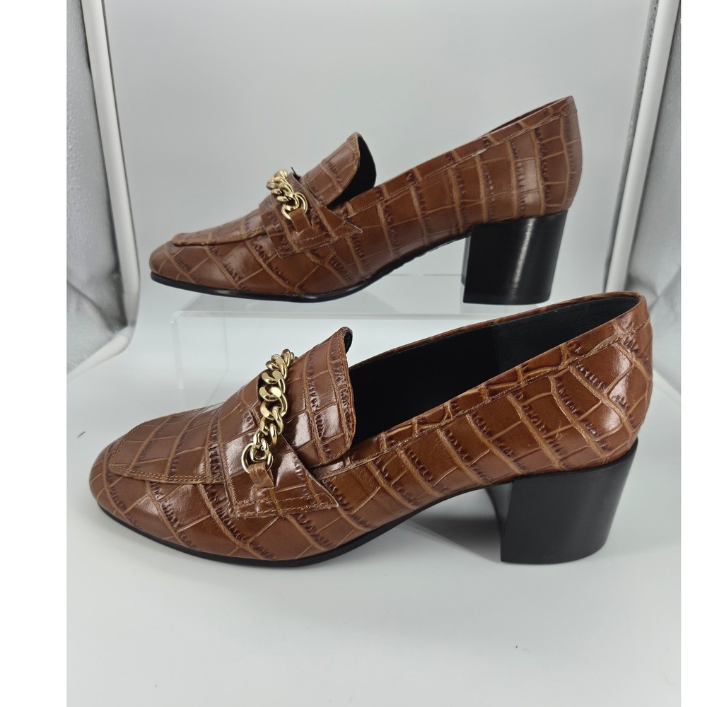 Marc Fisher LTD Hanne Brown Croc Embossed Leather Chain Block Heel Loafers 7.5M
